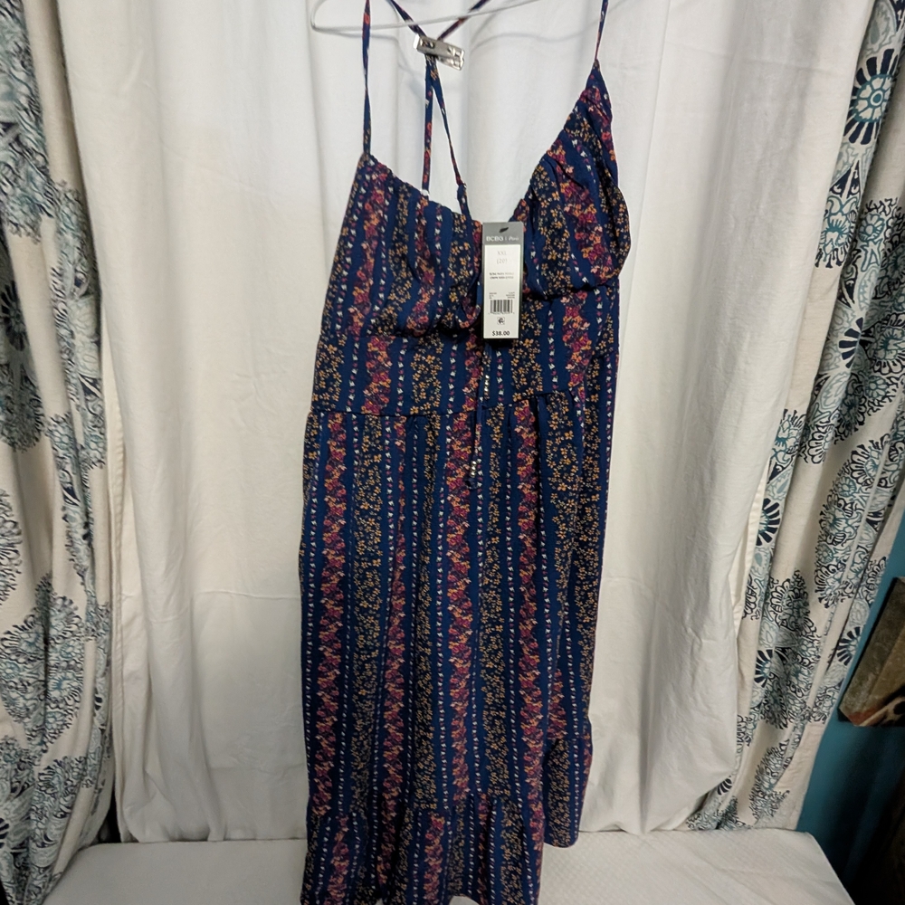 BCBG Paris Pebble Crepe Midi Dress in Blue and Pink Floral - Picture 1 of 2